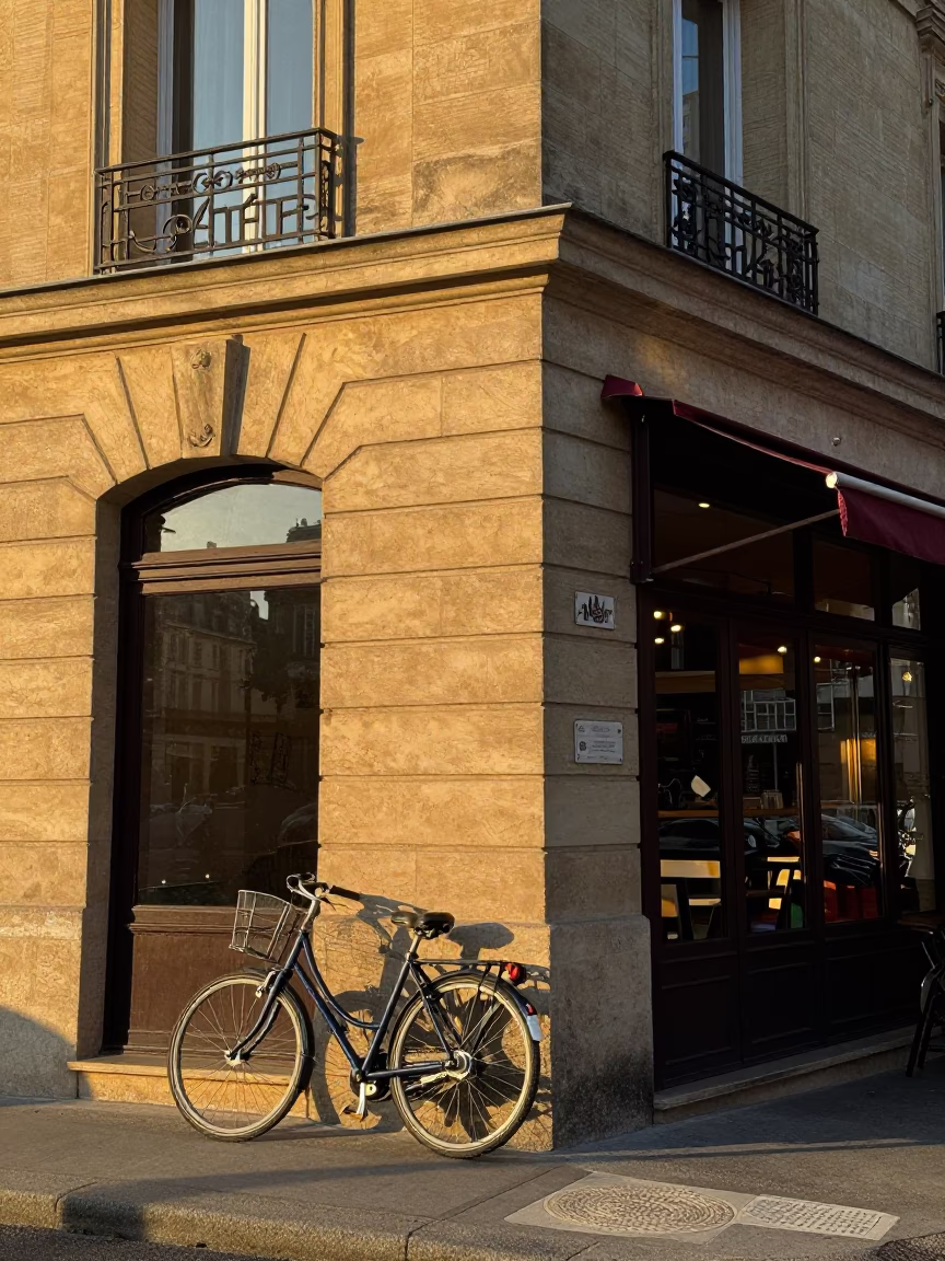 Parisian Cafe Exterior at Sunset with Bicycle Leaning Against Wall and Magazine Rack Display in in Paris, France