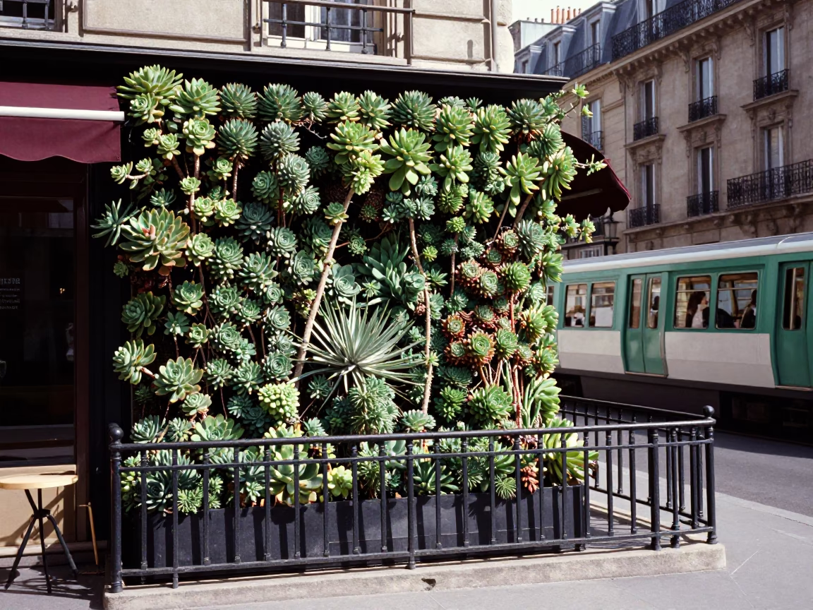 Parisian Cafe Exterior Living Succulent Wall and Metro Train Midday in in Paris, France