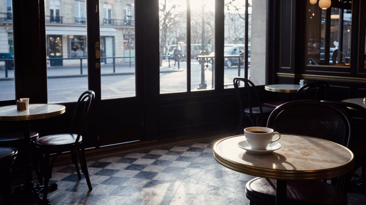 Parisian Cafe Interior at Dawn with Coffee Cup and Morning Light in in Paris, France