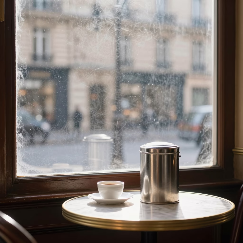 Parisian Cafe Morning with Smudged Window and Tiffin Tin in in Paris, France