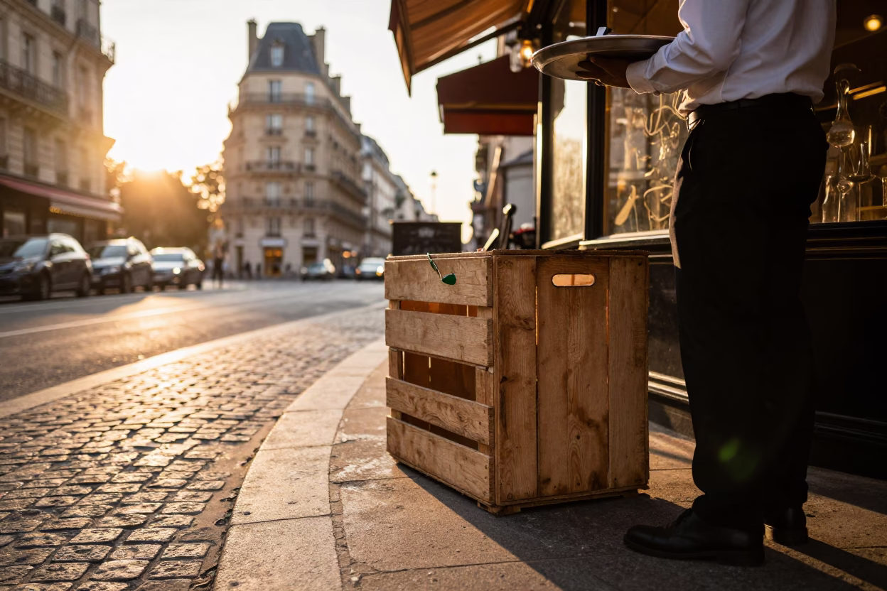 Parisian Cafe Sunset Scene with Crate and Urban Details in France in in Paris, France