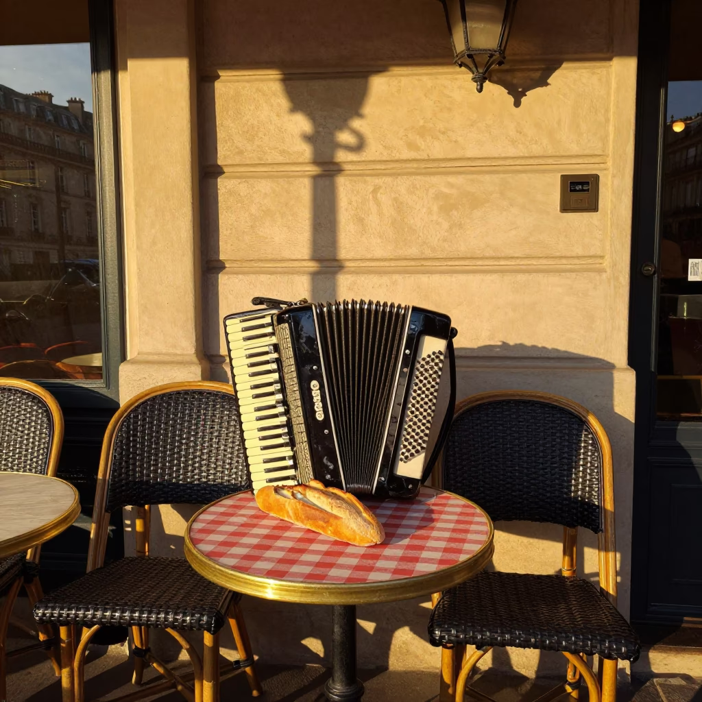 Parisian Café Table at Golden Hour with Accordion and Bread in in Paris, France