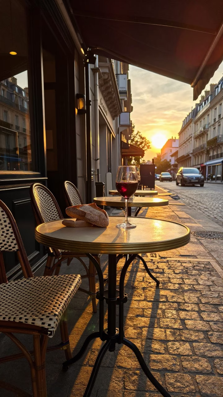 Parisian Cafe Table at Golden Hour with Rye Bread and Wine Glass in in Paris, France