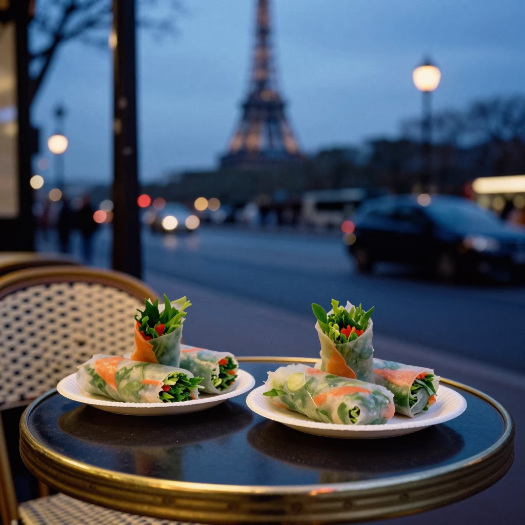 Parisian Cafe Table at Indigo Twilight with Spring Rolls and Colander in in Paris, France