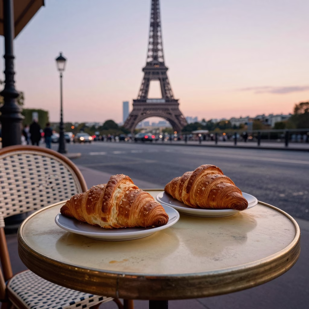 Parisian Cafe Table at Nautical Dawn with Fresh Croissants and Butter in in Paris, France
