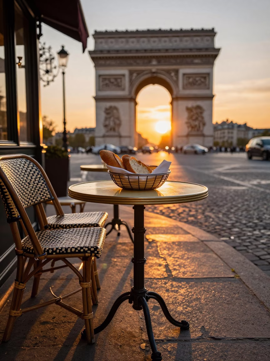Parisian Cafe Table at Sunset with Bread Basket and Condensation in in Paris, France