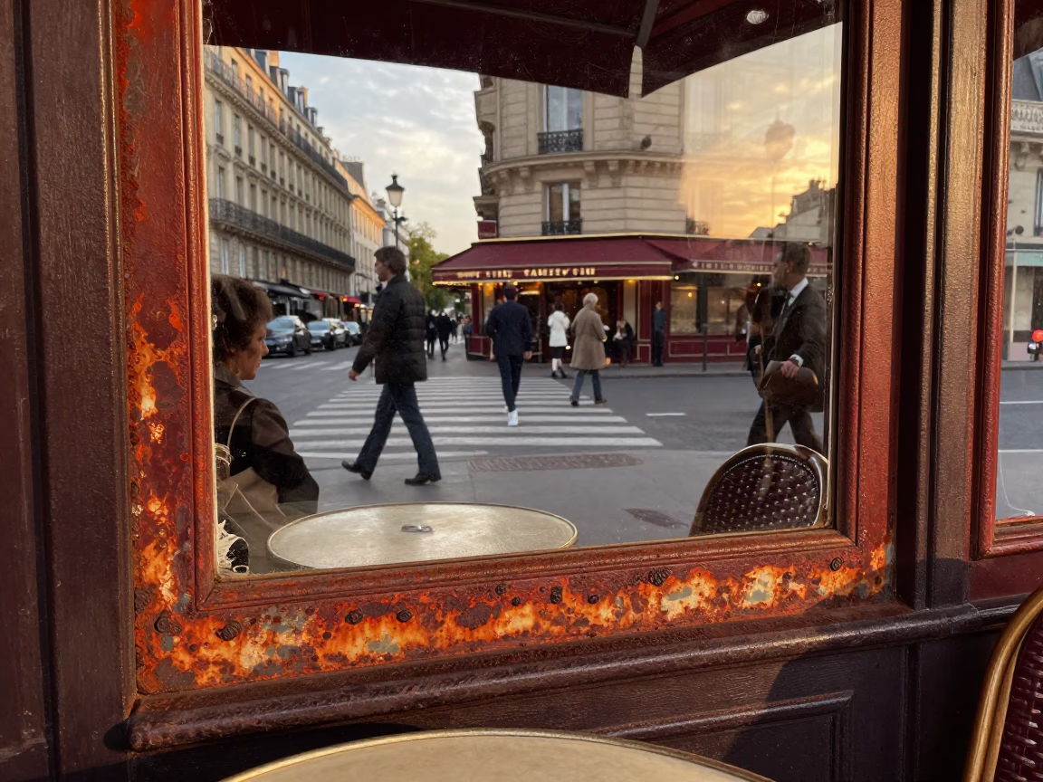 Parisian Cafe Table at Sunset with Rusty Window Sill and Vintage Street Scene in in Paris, France