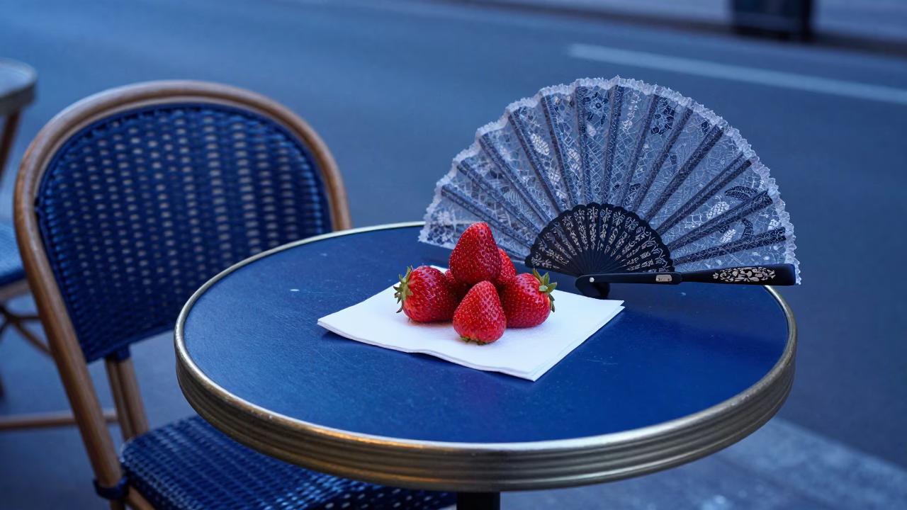 Parisian Cafe Table in Indigo Twilight with Fingerprint Smudges and Strawberries in in Paris, France