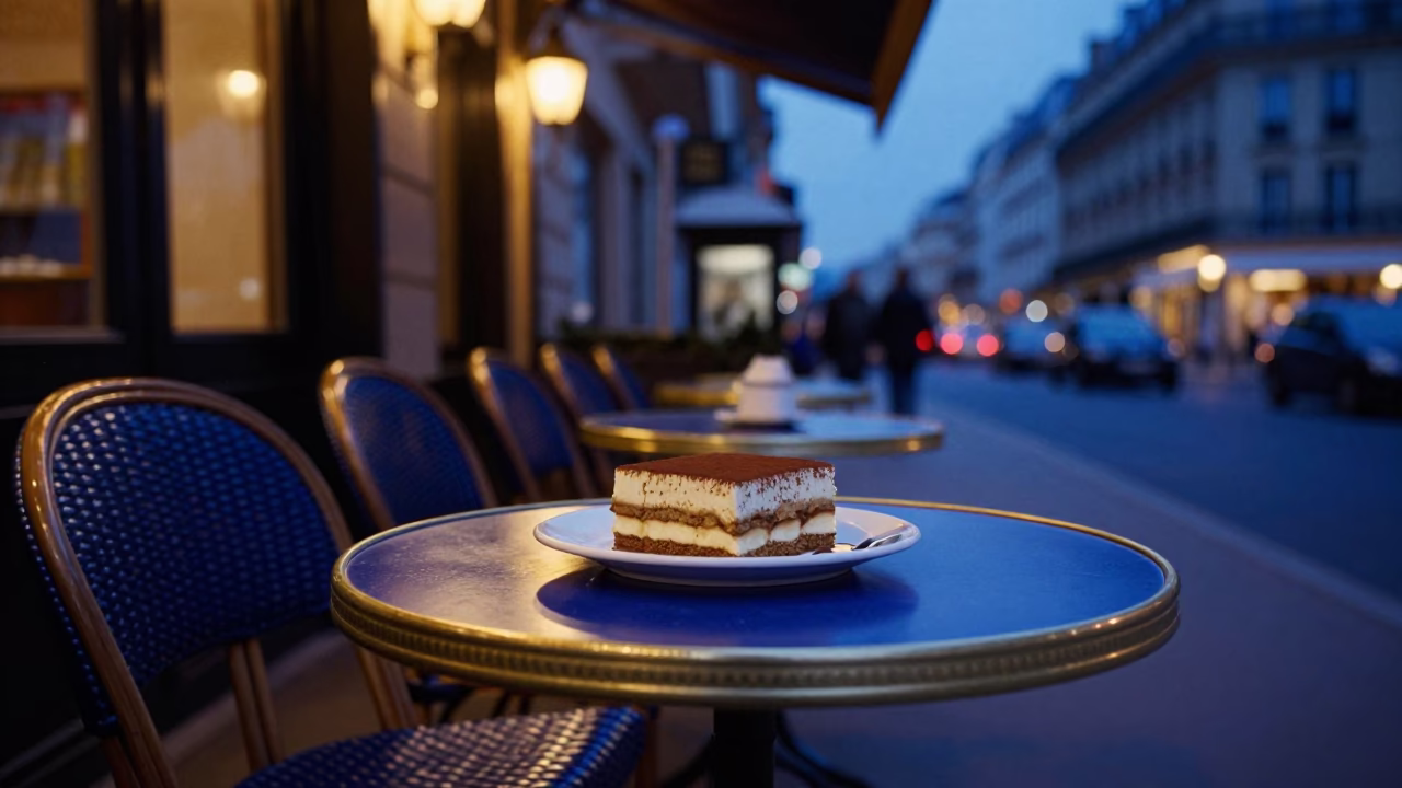 Parisian Cafe Table in Indigo Twilight with Tiramisu and Glass Jar in in Paris, France