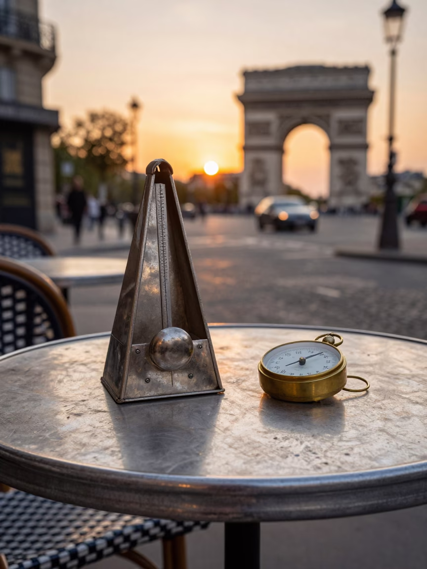 Parisian Cafe Table Sunset with Coffee Tin and Metronome in 1960s France in in Paris, France