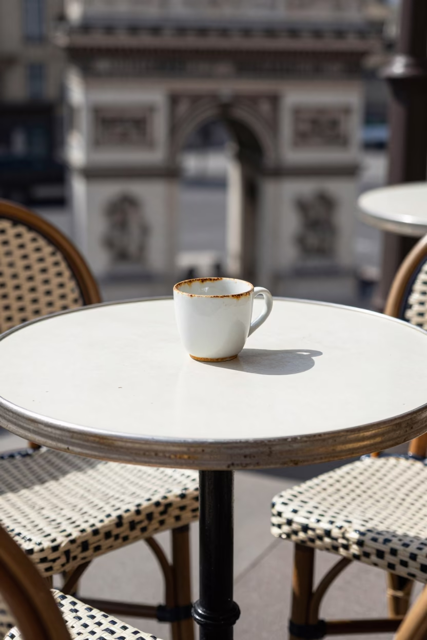 Parisian Cafe Table Under Flat Noon Light with Rusty Cup and Strawberries in in Paris, France