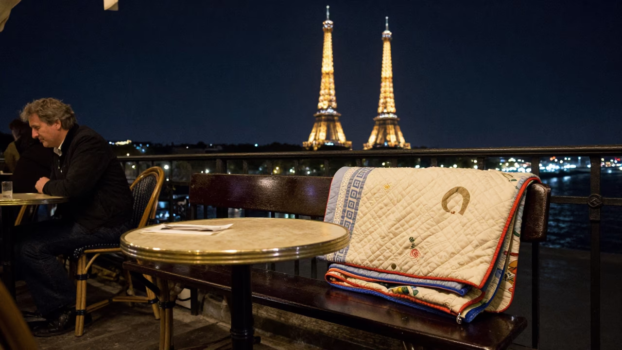 Parisian Cafe Table Under Night Sky With Quilt And Porcelain in in Paris, France