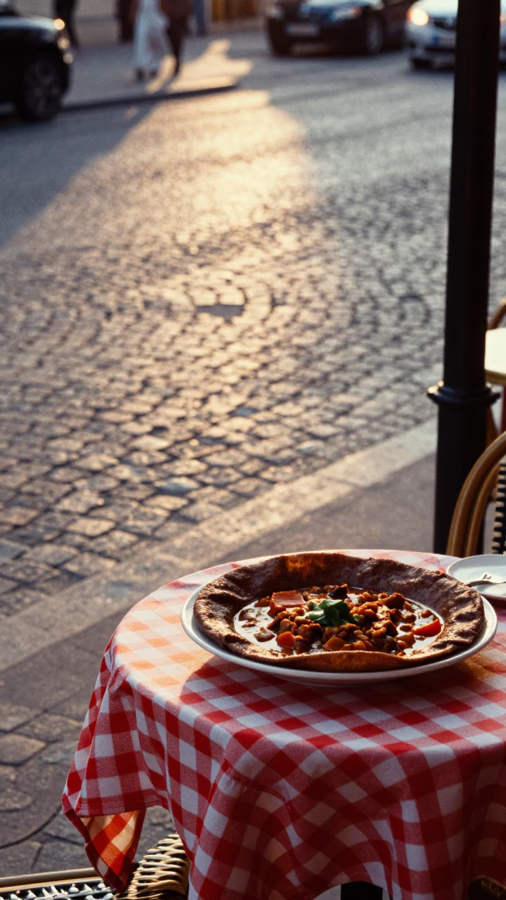 Parisian Café Table with Zigni Stew and Injera During Golden Hour Sunset in in Paris, France