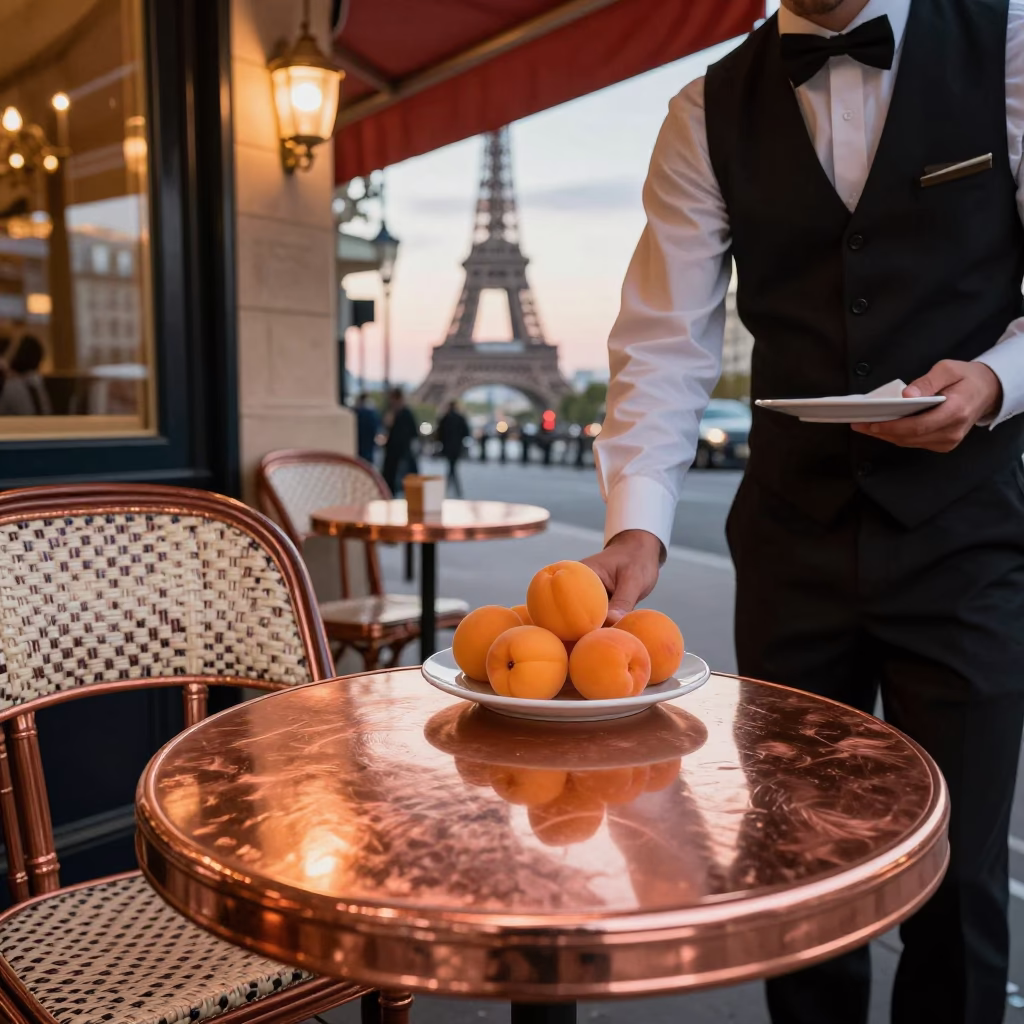 Parisian Cafe Terrace Apricots and Scarves in Copper Dusk Light in in Paris, France
