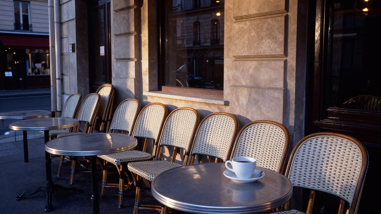Parisian Cafe Terrace at Dawn with Coffee Cupper and Kettle on Zinc Counter in in Paris, France