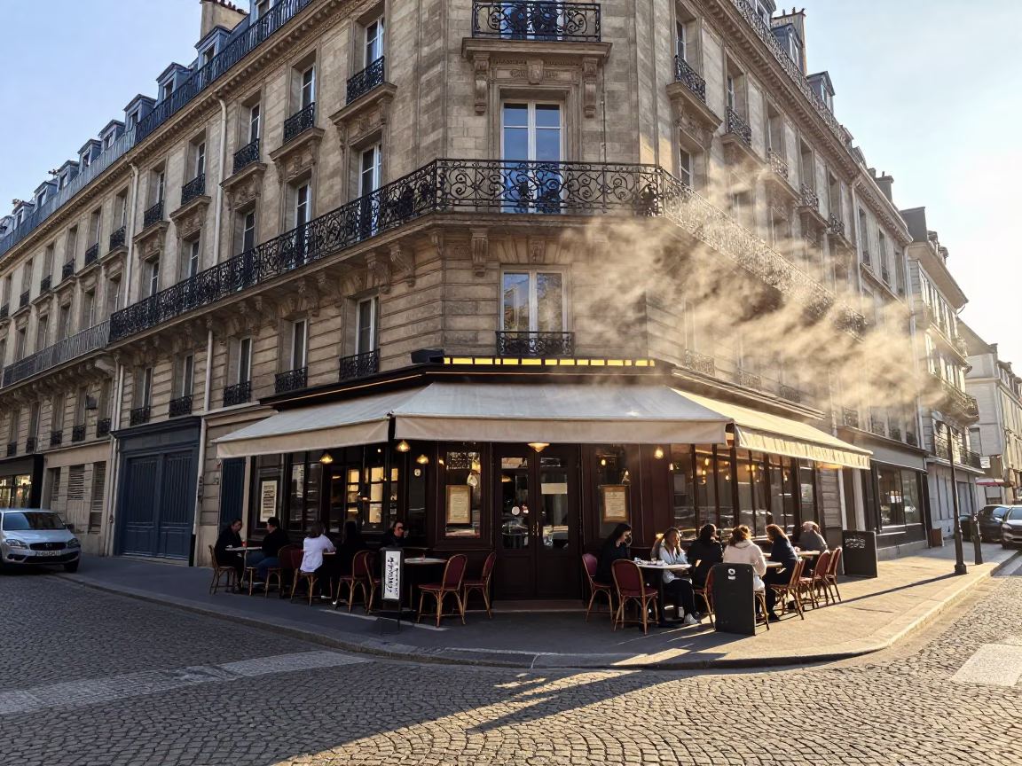 Parisian Cafe Terrace at Dawn with Steam and Fresh Pastries in in Paris, France