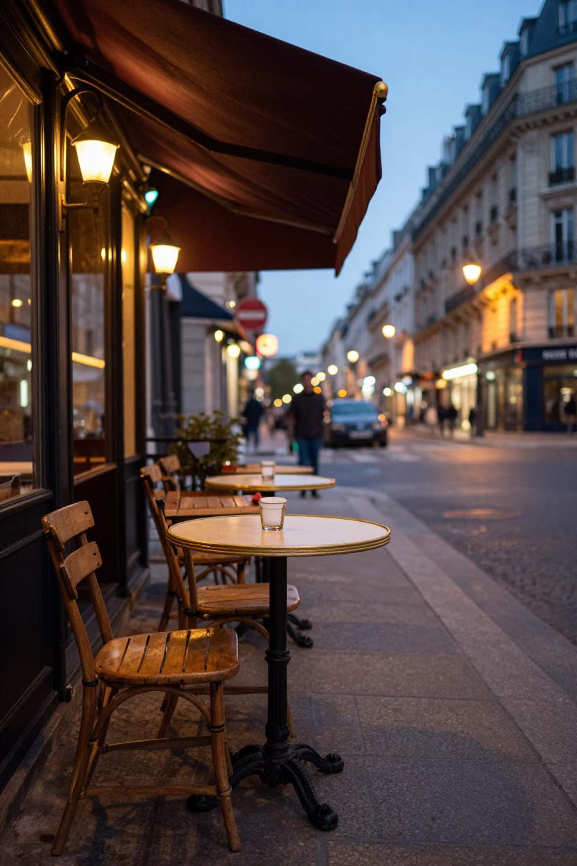 Parisian Café Terrace at Dusk with Brass Hardware and Ladder-Back Chair in in Paris, France