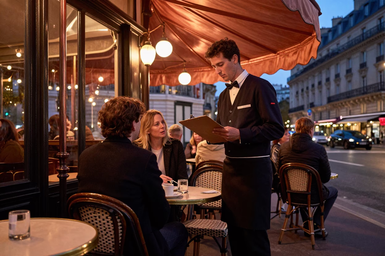 Parisian Café Terrace at Dusk with Clipboard and Coffee Service in in Paris, France