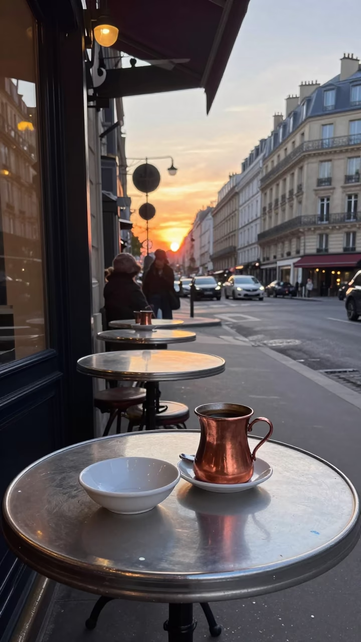 Parisian Café Terrace at Dusk with Copper Coffee Pot and Paint Flecks in in Paris, France