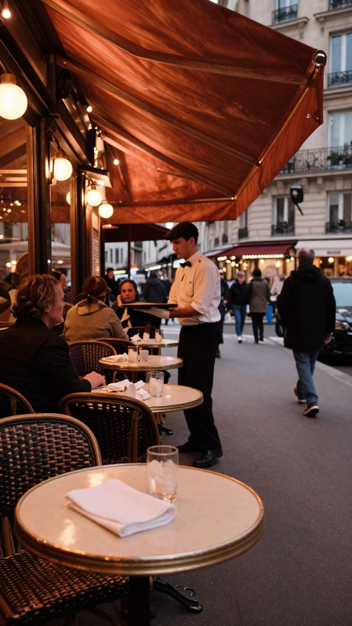 Parisian Cafe Terrace at Dusk with Linen Napkin and Peg Basket in in Paris, France