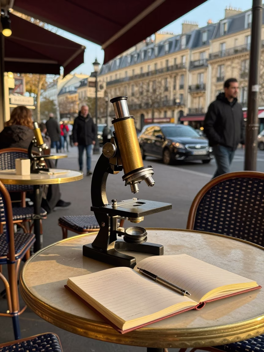 Parisian Cafe Terrace at Golden Hour with Antique Microscope and Notebook in in Paris, France