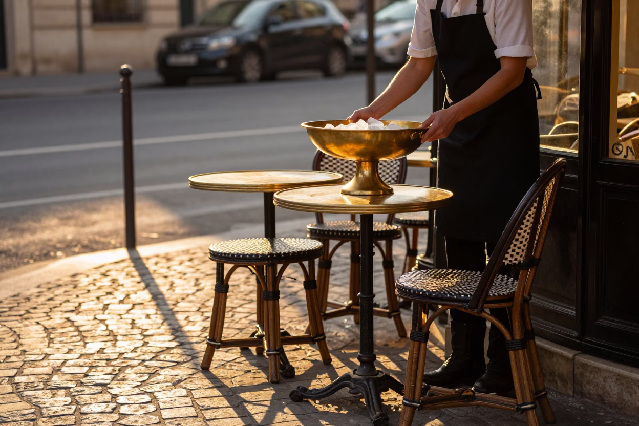 Parisian Café Terrace at Golden Hour with Brass Basin and Smudged Table in in Paris, France