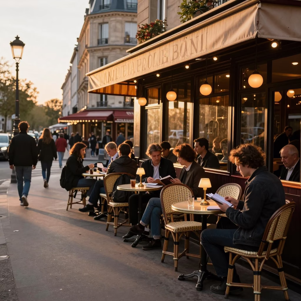 Parisian Cafe Terrace at Golden Hour with Notebook and Table Lamp in in Paris, France