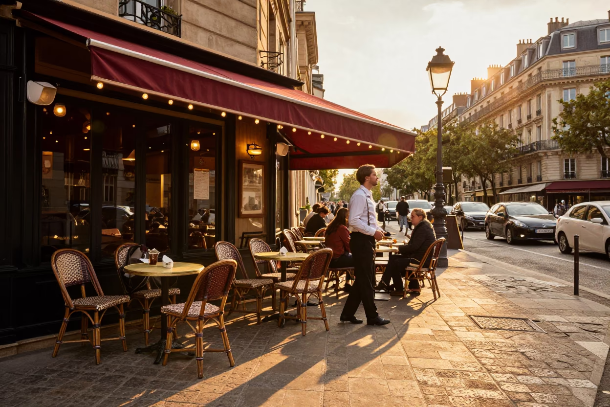 Parisian Cafe Terrace at Golden Hour with String Lights and Clay Pots in in Paris, France