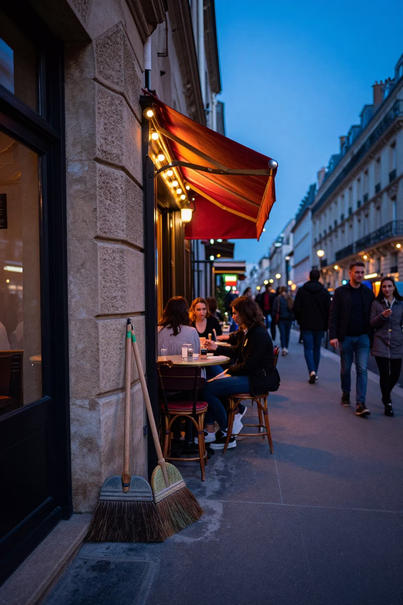 Parisian Cafe Terrace at Indigo Twilight with Brooms and Local Dining Scene in in Paris, France