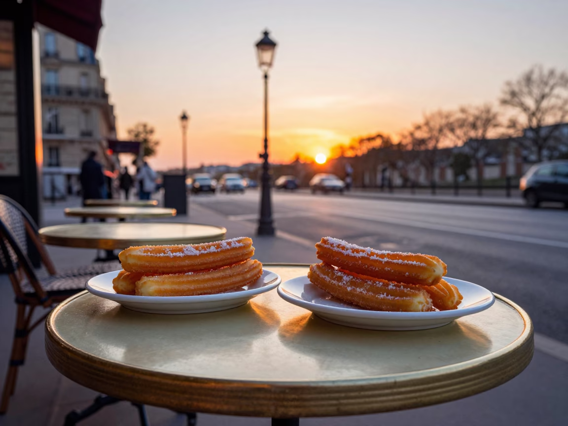 Parisian Cafe Terrace at Sunset with Churros and Hot Chocolate in in Paris, France
