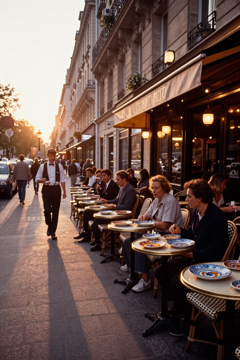 Parisian Cafe Terrace at Sunset with Majolica Plates and Cherry Blossoms in in Paris, France