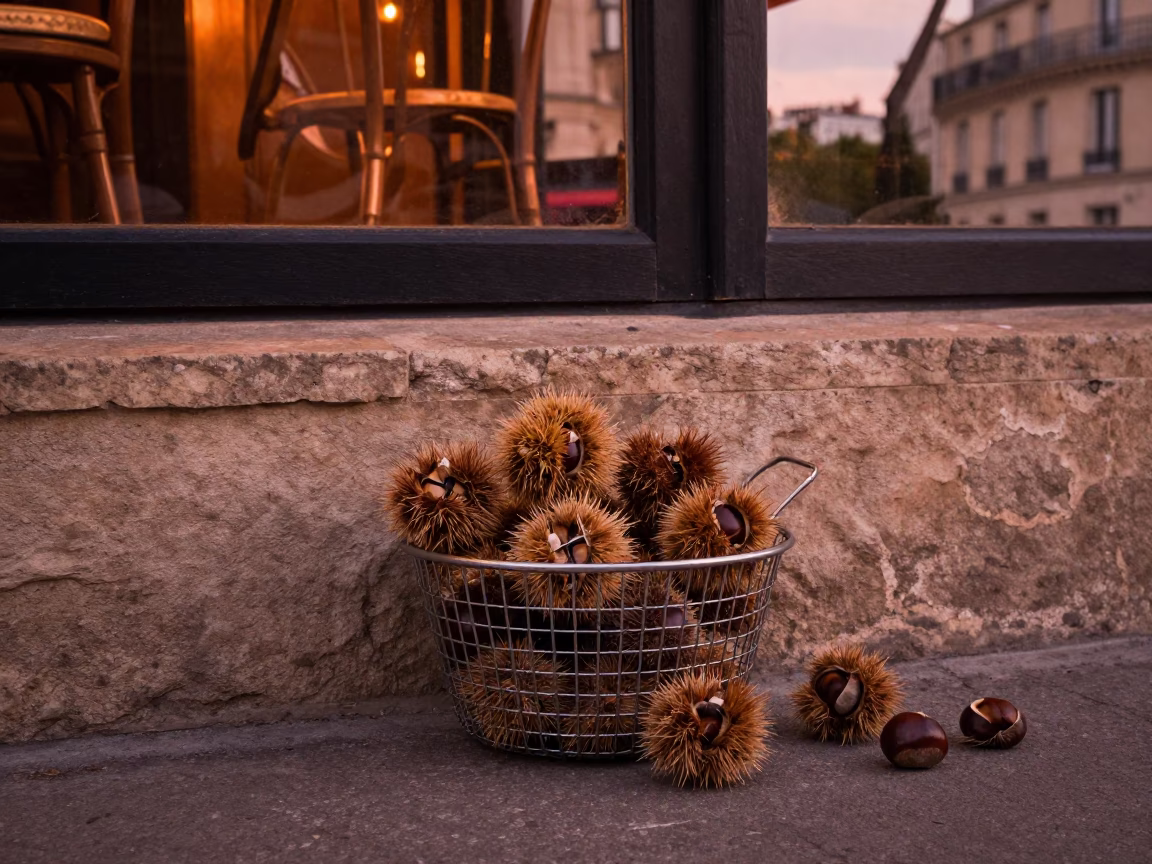 Parisian Cafe Terrace Before Dusk with Chestnut Husks and Steam Haze in in Paris, France