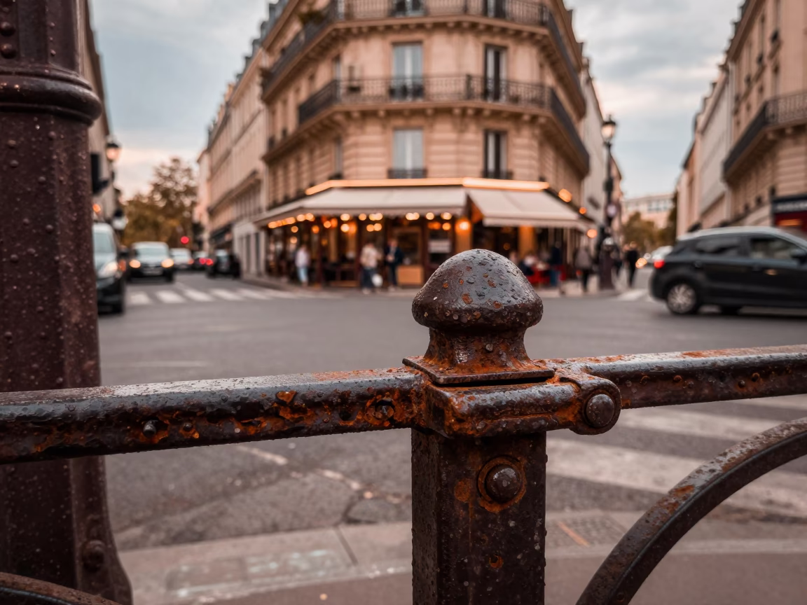 Parisian Café Terrace Before Dusk with Weathered Turnbuckle and Copper Light in in Paris, France