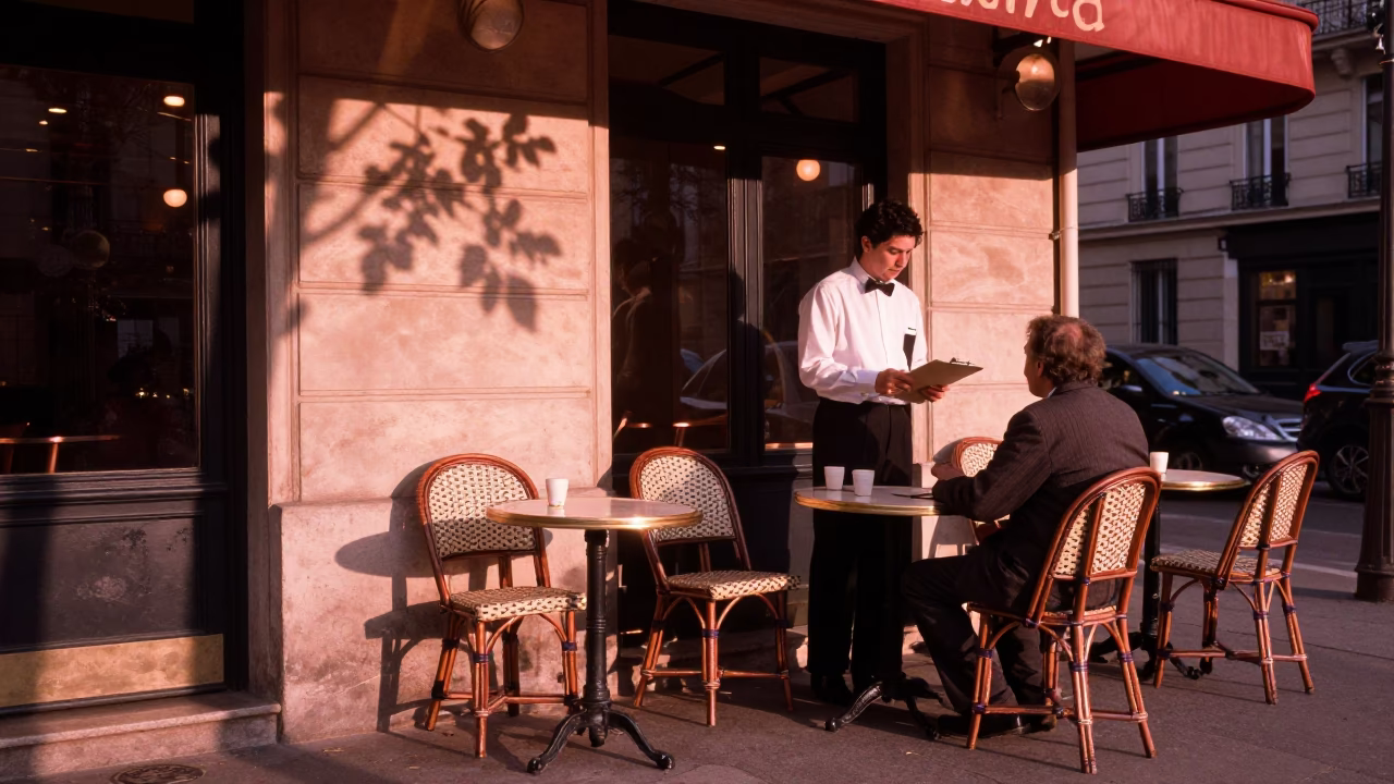 Parisian Cafe Terrace Dusk Leaf Shadows and Clipboard with Copper Light in in Paris, France