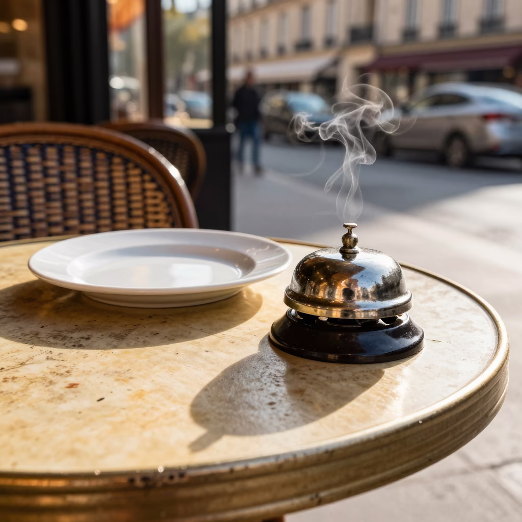 Parisian Cafe Terrace Early Afternoon Scene with Bell and Basin Details in in Paris, France