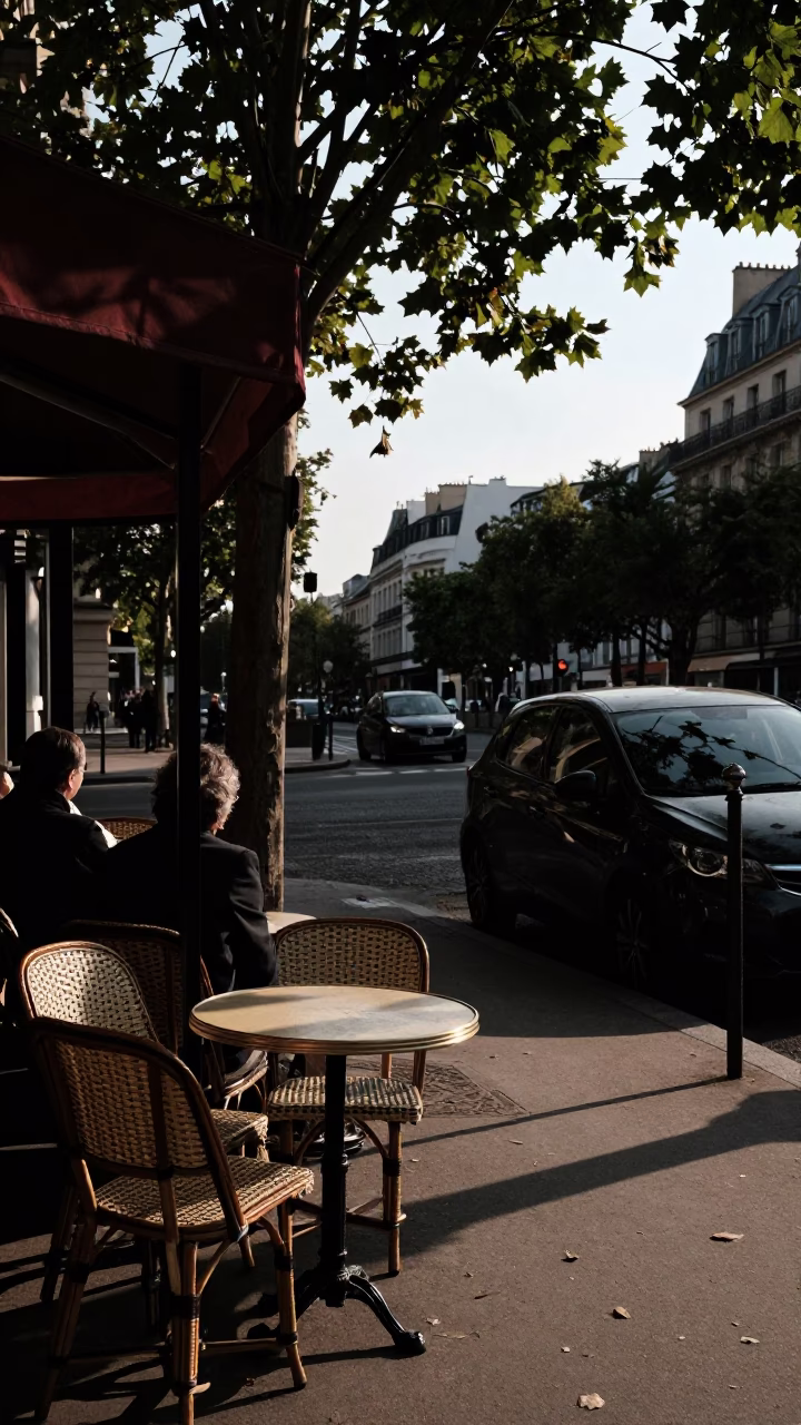 Parisian Cafe Terrace Early Evening Leaf Shadows and Chalkboard Menu in in Paris, France