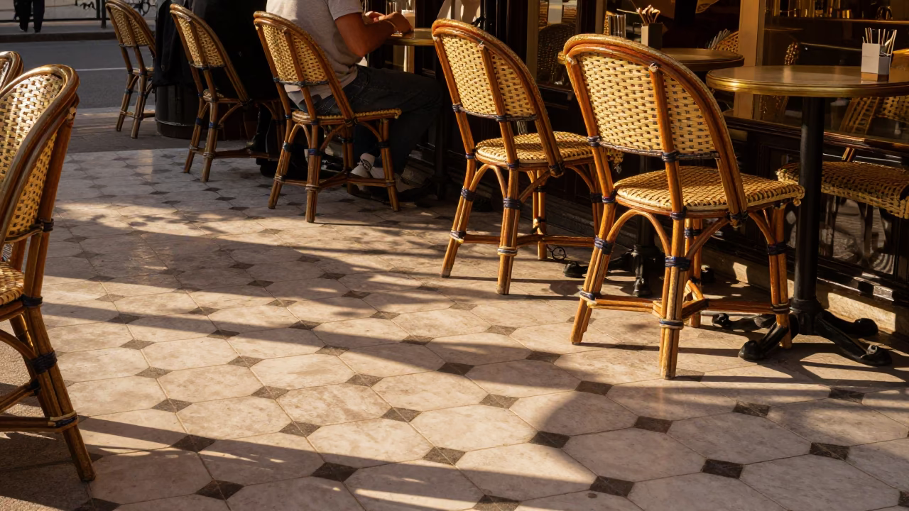 Parisian Cafe Terrace Evening Light Wicker Shadow Tile Floor in in Paris, France
