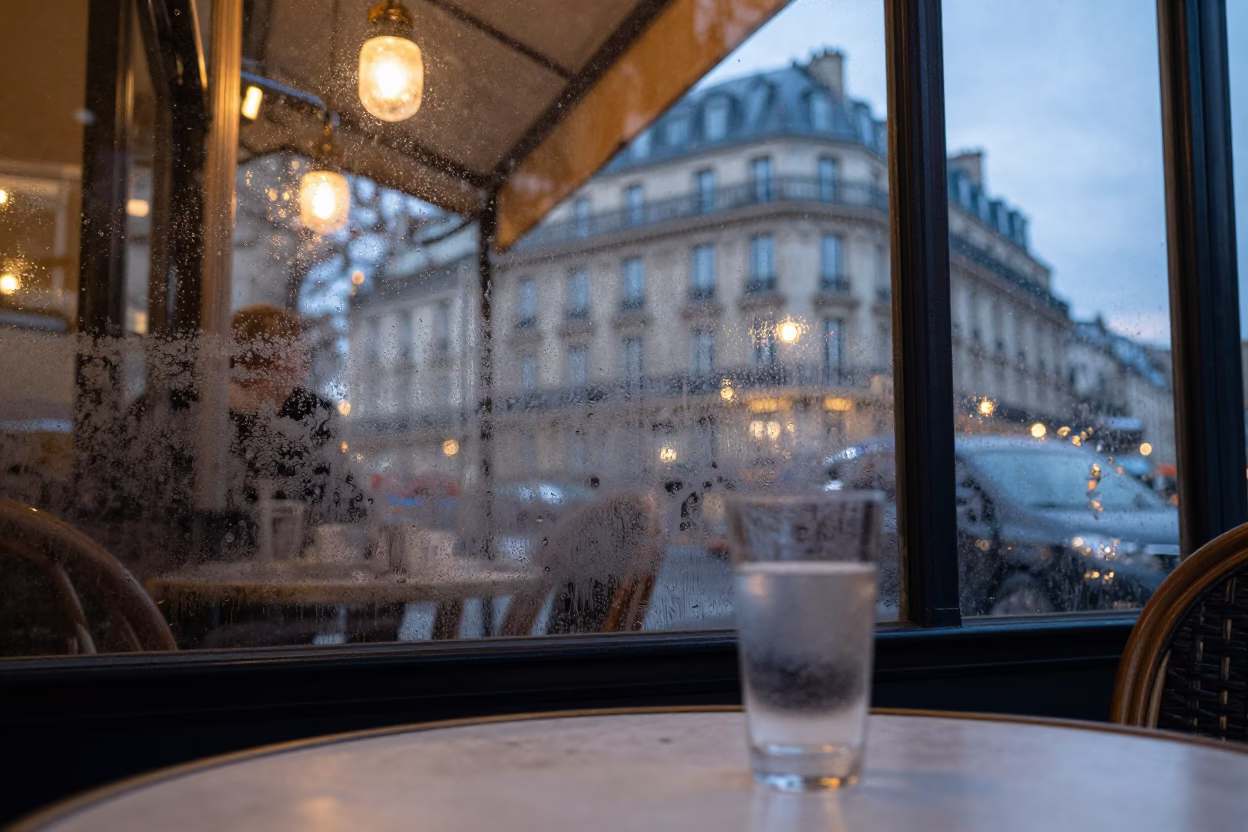 Parisian Café Terrace Evening with Condensation on Glass and Butter Knife in in Paris, France
