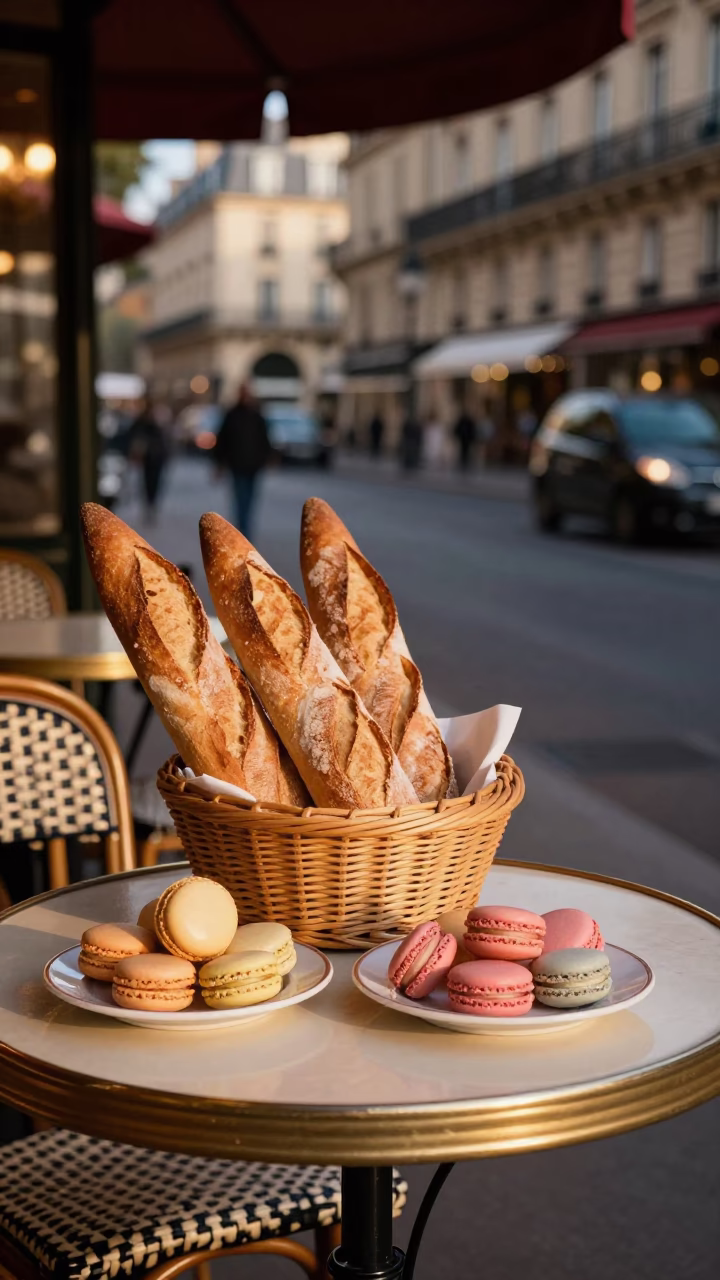 Parisian Café Terrace Evening with Macarons and Bread Basket in in Paris, France