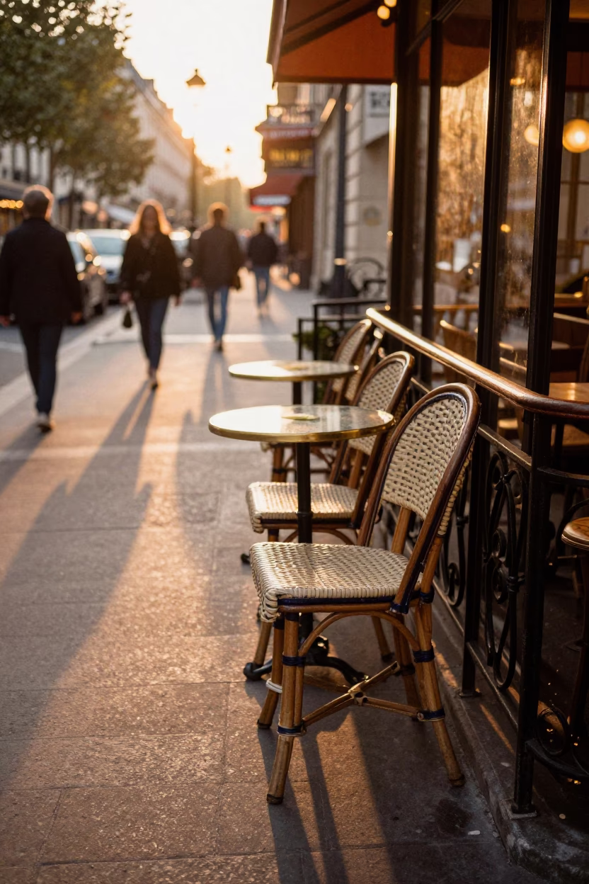 Parisian Cafe Terrace Golden Hour Ladder Back Chair and Glass Vases in in Paris, France