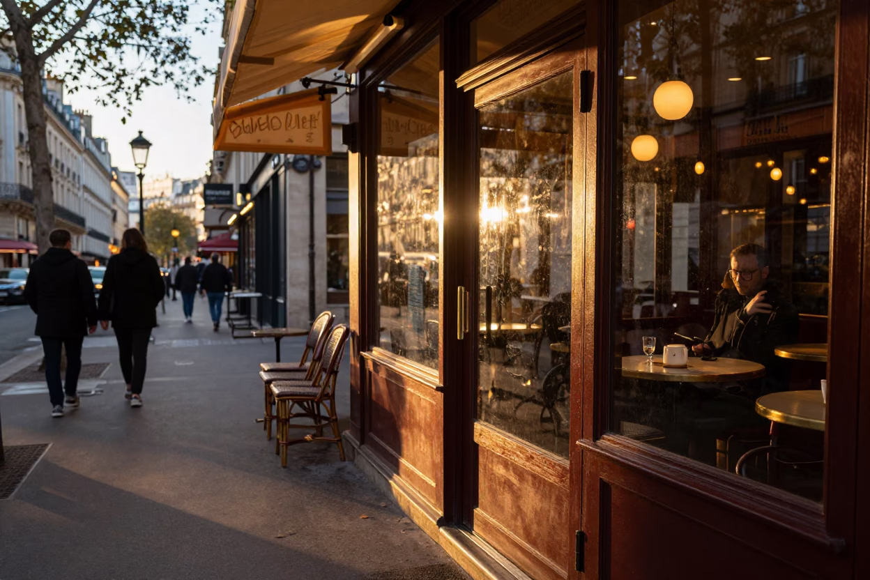 Parisian Cafe Terrace Honeyed Evening Light with Glass Doorframe and Vintage Italian Majolica Plate in in Paris, France