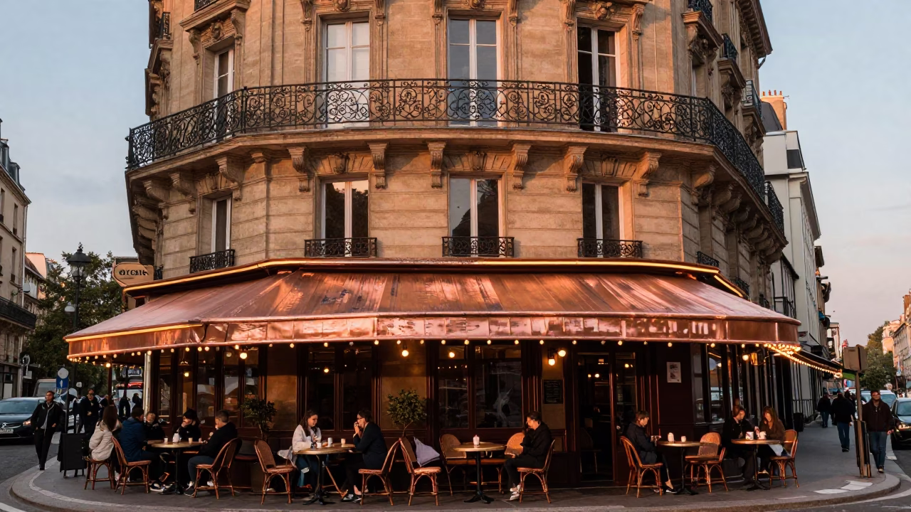 Parisian Cafe Terrace in Copper Light with Weathered Utensils and Stone Facades in in Paris, France