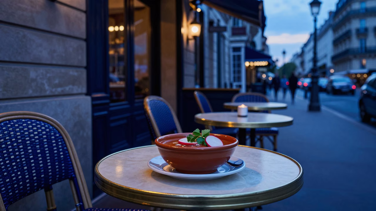 Parisian Cafe Terrace in Indigo Twilight with Mineral Rings and Steam Haze in in Paris, France