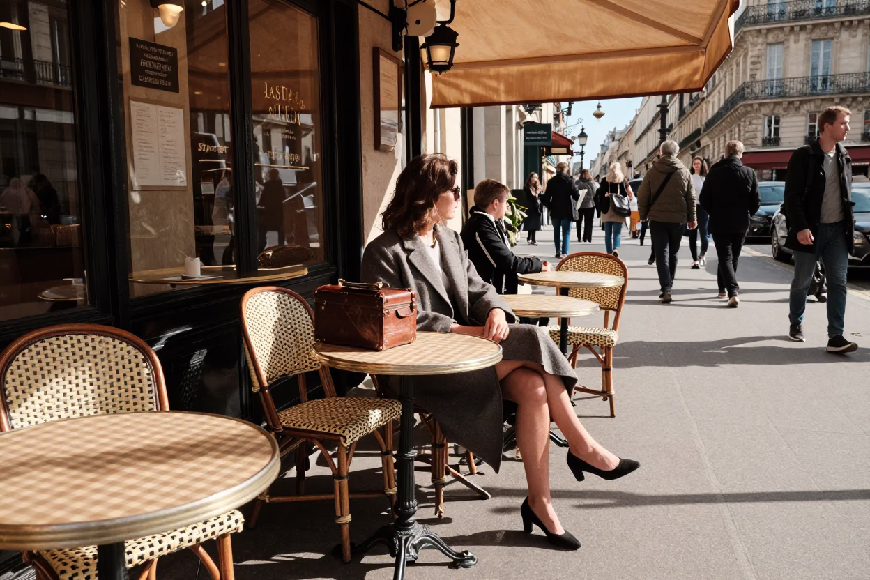 Parisian Cafe Terrace in Late Afternoon Light with Olive Dish and Hatbox in in Paris, France
