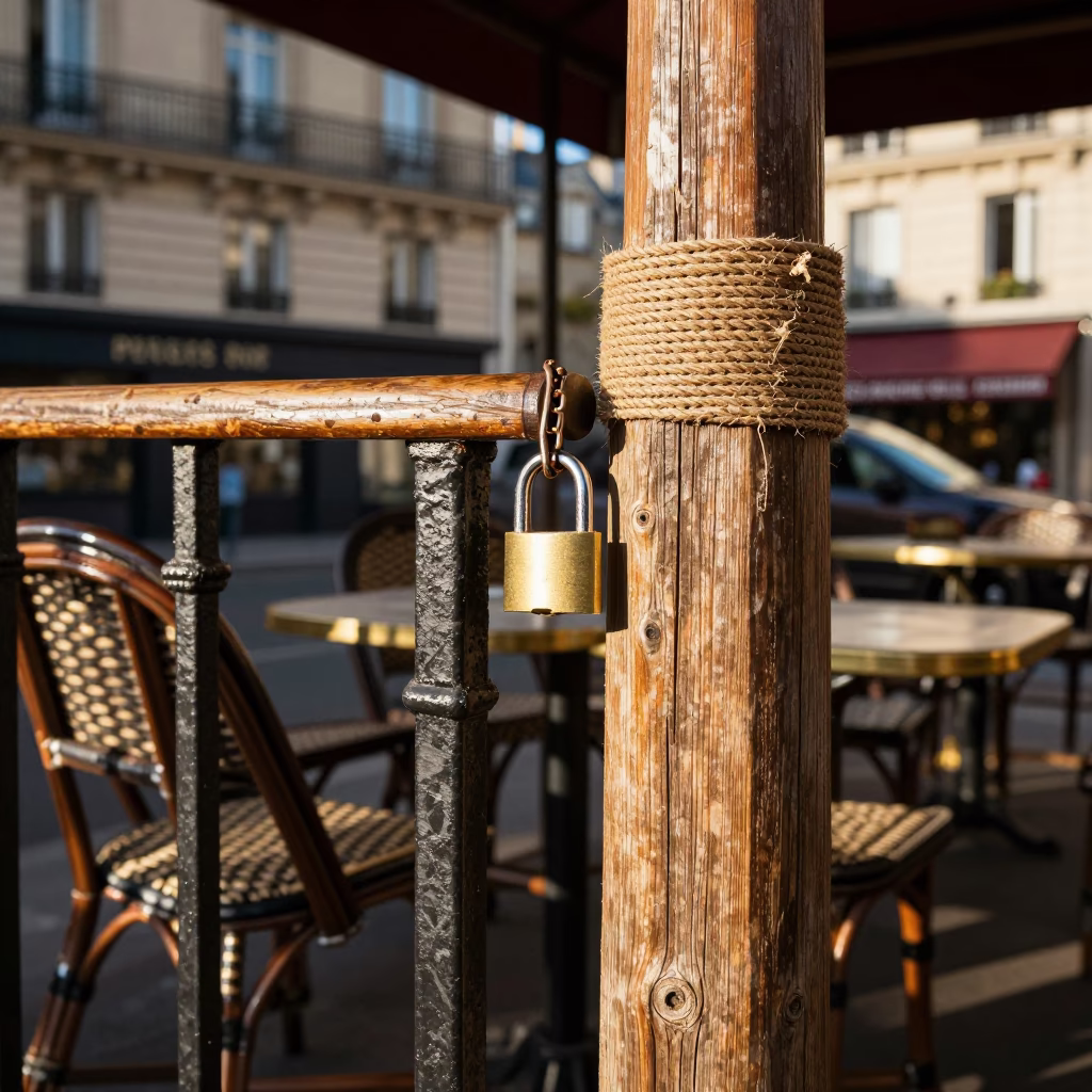 Parisian Cafe Terrace Late Afternoon Light with Padlock and Twine Details in in Paris, France