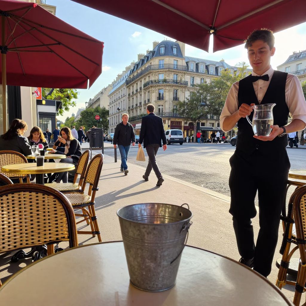 Parisian Cafe Terrace Late Afternoon with Metal Bucket and Glass Pitcher in in Paris, France
