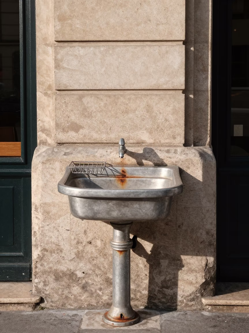 Parisian Cafe Terrace Late Morning Rustic Basin and Coffee Cup Scene in in Paris, France