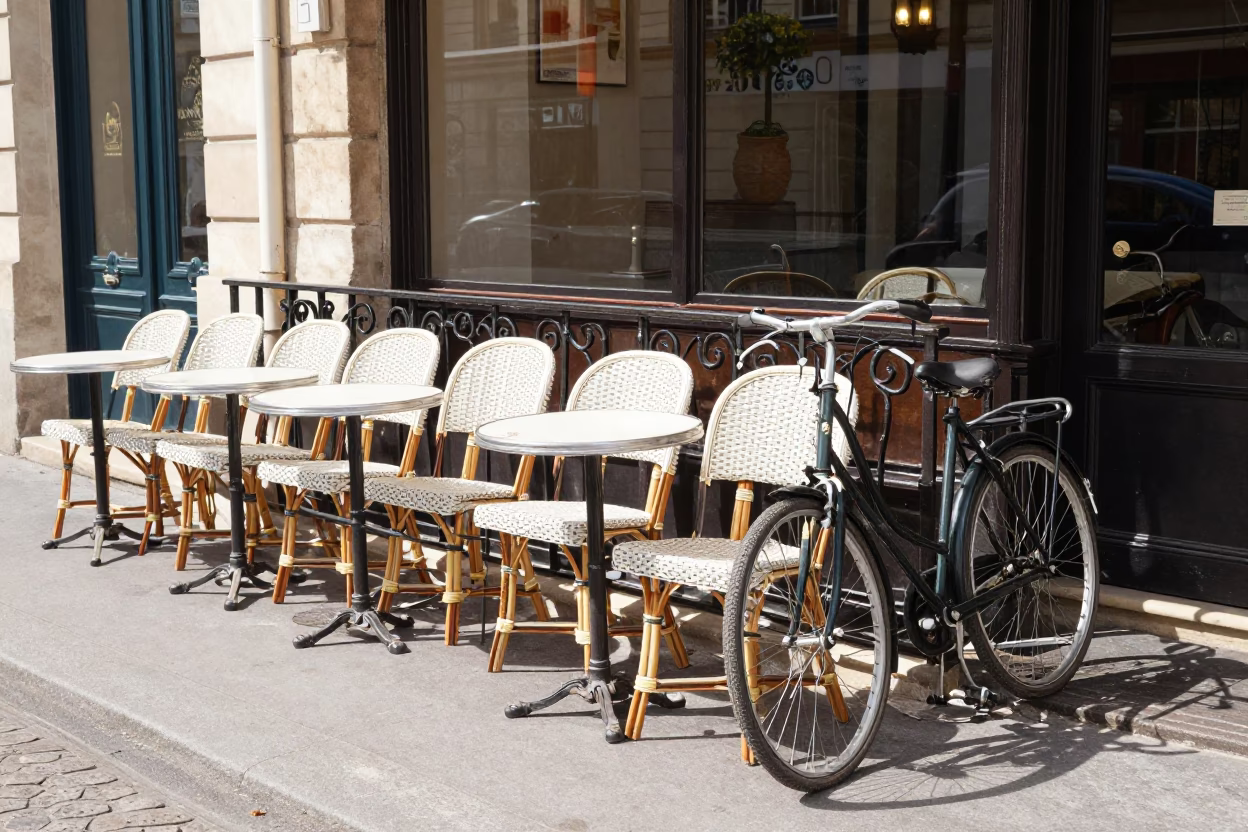 Parisian Cafe Terrace Midday Scene with Vintage Bicycle and Flower Pot in in Paris, France