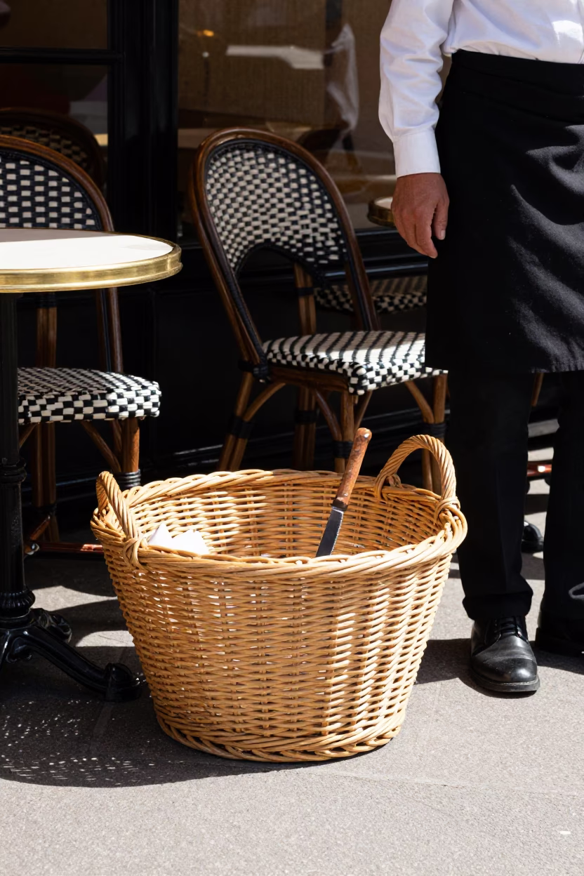Parisian Cafe Terrace Midday with Twine Basket and Fruit Knife in in Paris, France