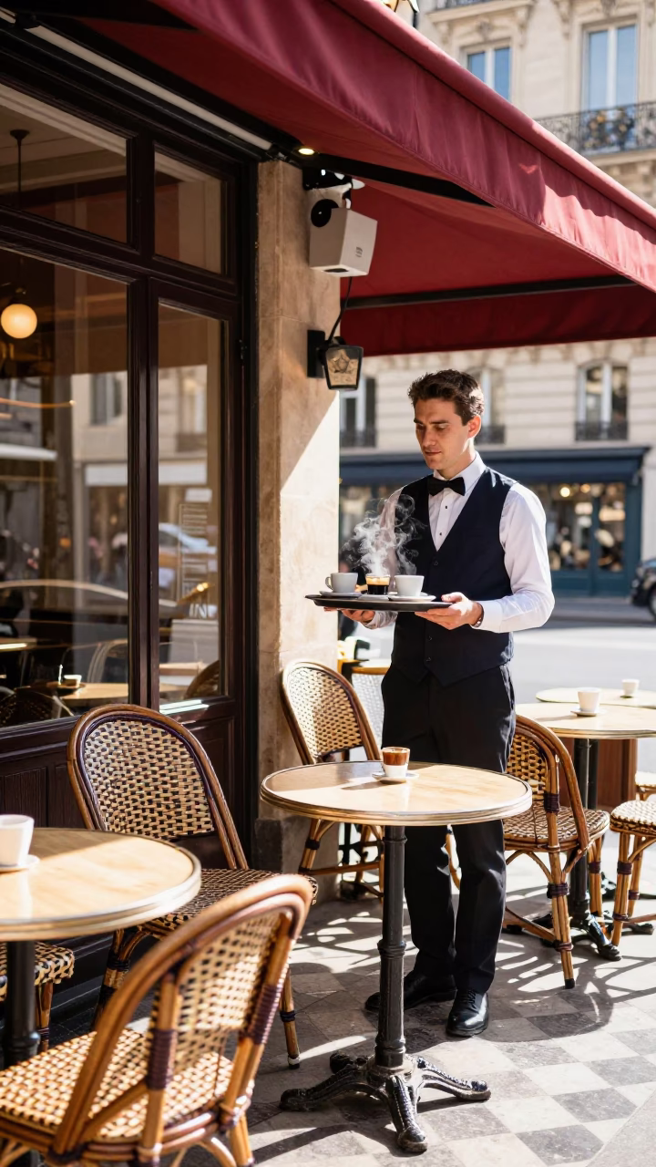 Parisian Cafe Terrace Midmorning Sunlight on Wooden Table with Coffee and Croissant in in Paris, France